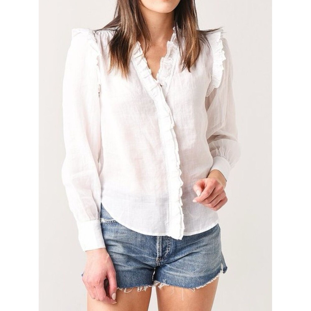 Frame Denim White Ruffle-Trim V-Neck Blouse Sz M Romantic Chic Peasant Victorian